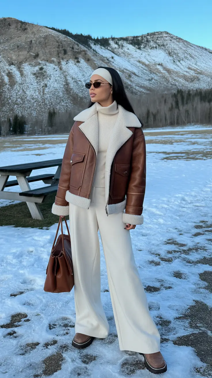 Outfits ideas February 2026 White Pants Shearling Jacket