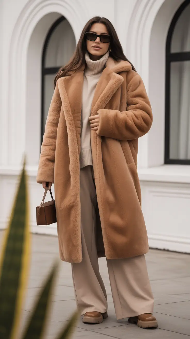 Outfits ideas February 2026 Oversized Teddy Coat Neutral Look