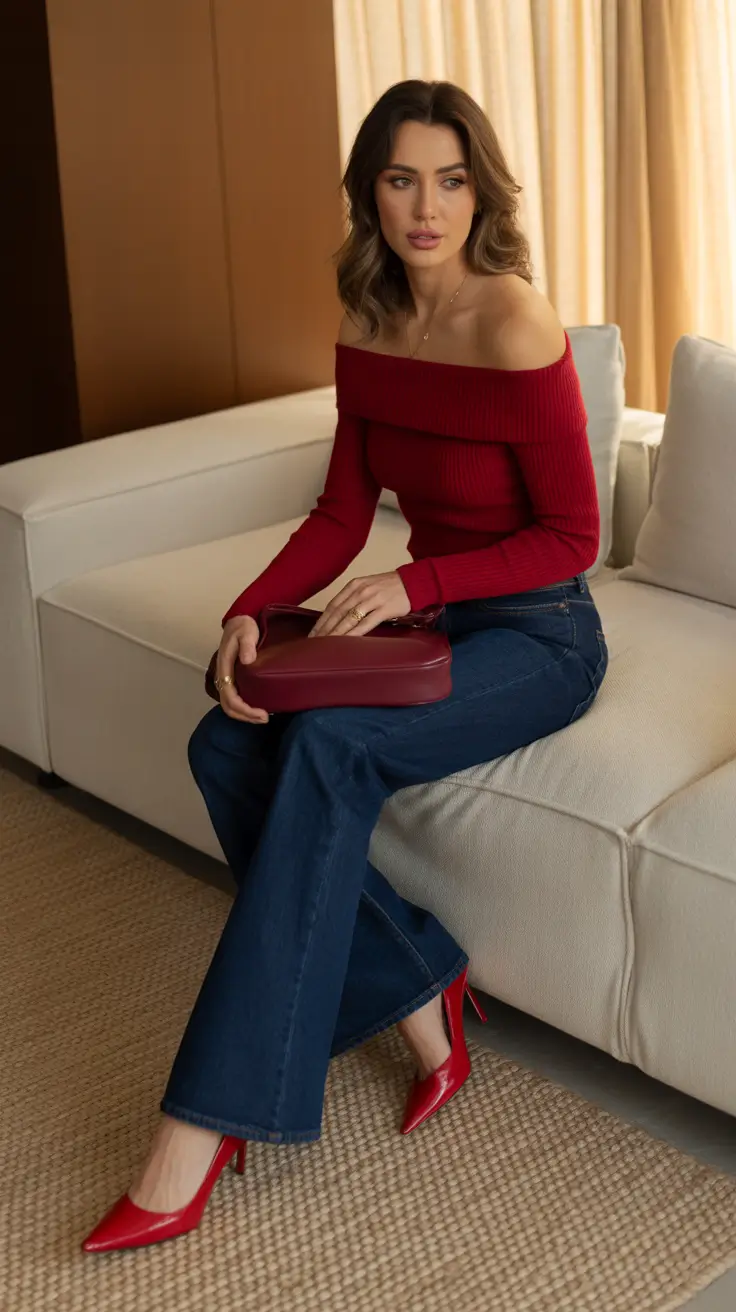 Outfits ideas February 2026 Red Knit Denim Evening Look