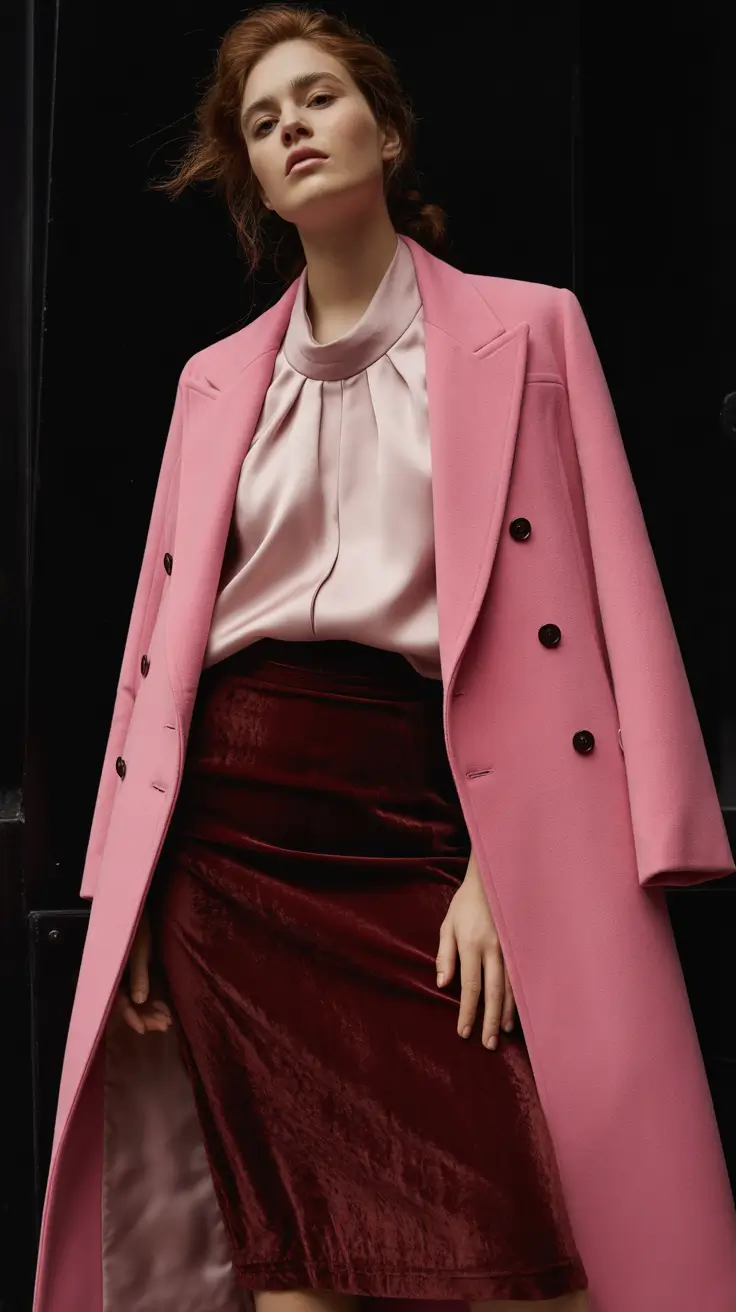 Popular modest spring outfits 2026 Pink Coat Skirt Look
